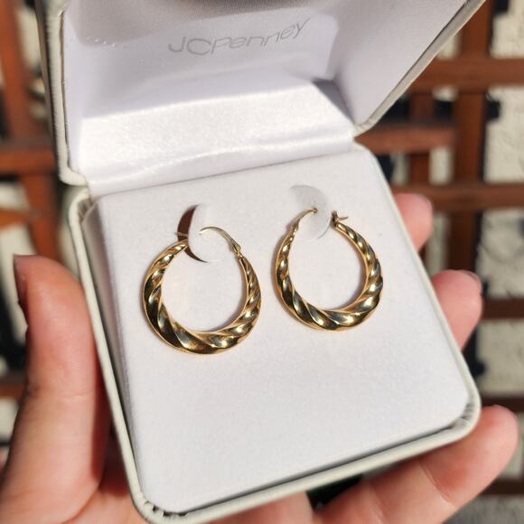 10k Yellow Gold Hoop Earrings Huggie Twisted Rope Puffy Minimalist Quiet Luxury - Picture 3 of 11
